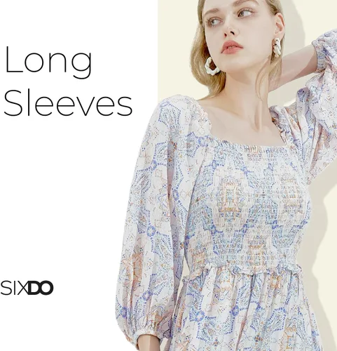 Vista 3 de Womens 2025 Midi Dresses Smocked Long Sleeve Floral Elastic Cuffs Square Neck Casual Beach Work Office Wear