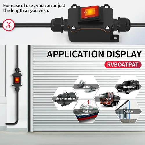 Vista 7 de Interruptor en línea de 5 pies y 12 V IP68 impermeable, interruptor de palanca de encendido/apagado para exteriores con caja de conexiones