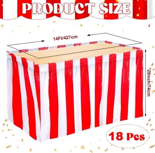 Vista 2 de 18 faldas de mesa a rayas rojas y blancas, desechables, decoraciones de mesa de carnaval, decoraciones de fiesta de circo para carnaval, circo