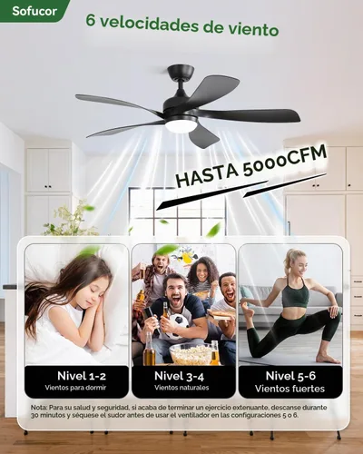 Vista 6 de Sofucor Ventilador de techo moderno inteligente de 52 pulgadas con luz para Negro