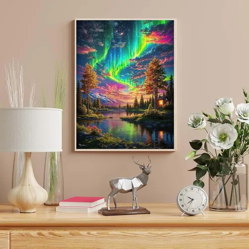 Vista 6 de HITO Kit de pintura de paisaje por números para adultos, Aurora para adultos, kits de pintura por números sobre lienzo para regalo, decoración