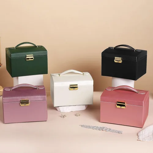 Vista 7 de Joyero para niñas y mujeres, organizador de joyas de 3 capas con piel sintética, estuche de viaje con espejo, almacenamiento de joyas para aretes