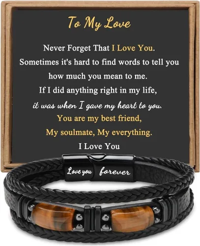 Vista 12 de Regalos únicos para hombres, pulsera de cuero para hombres, papá, novio, hijo, nieto, hermano, te amo para siempre, piedra ojo de tigre, día
