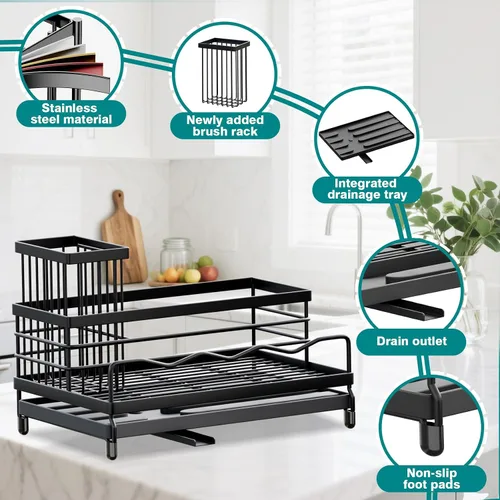 Vista 4 de Soporte de esponja para cocina, organizador de fregadero con soporte alto para cepillos y bandeja de drenaje rápido, boquilla giratoria de 360°
