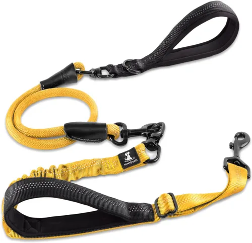 Vista 26 de Correa doble premium para dos perros, absorción de golpes, antitirón, doble correa para razas medianas y grandes con accesorio de correa doble