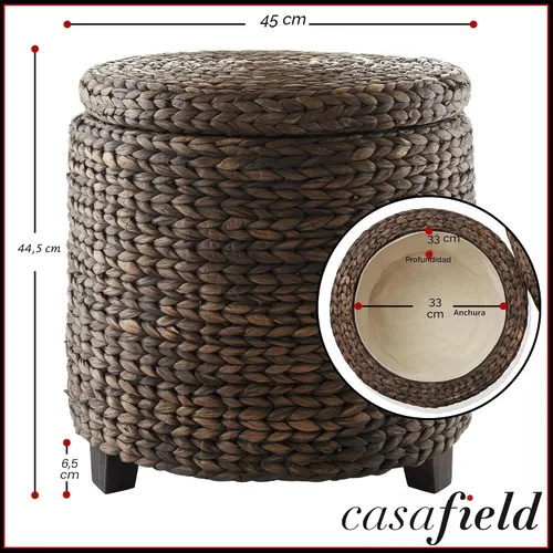 Vista 3 de Casafield Otomana de Almacenamiento Redonda de 17" con Tapa - Espresso, Reposapiés de Jacinto de Agua Tejido a Mano para Sala de Estar, Dormitorio