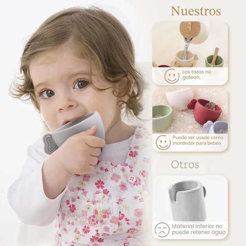Vista 4 de Encantador Juego de Fiesta de Té de Madera - Tetera de Silicona, Tazas y Cuchara Recolectora - Perfecto para Fiestas de Té de Niñas Pequeñas y Juego