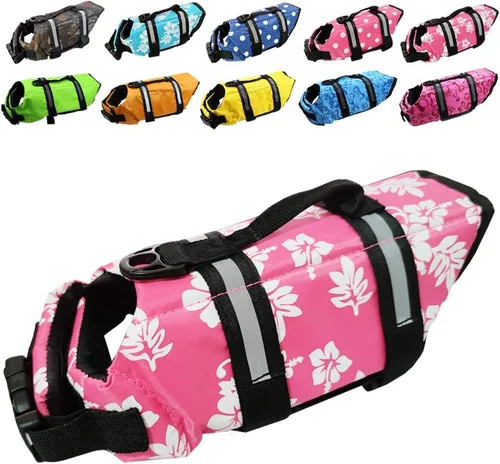 Vista 13 de Chaleco salvavidas para perros de fácil ajuste con cinturón ajustable para proteger las mascotas, traje de baño de seguridad para nadar con rayas