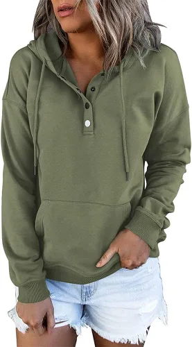 Vista 2 de Sudaderas con capucha para mujer, estilo casual, con botones, cuello con cordón, manga larga, ropa de otoño con bolsillo, color verde claro, Verde