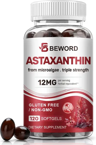 Vista 7 de BEWORD Astaxantina 12 mg con aceite MCT, 60/120 cápsulas blandas, suministro para 2 meses Suplementos antioxidantes premium Microalgas
