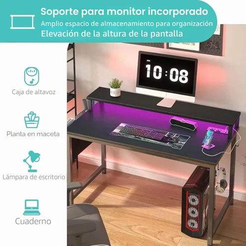 Vista 5 de Lufeiya Escritorio pequeño con tomas de corriente y luces LED, mesa de estudio de escritura para adolescentes de 32 pulgadas, escritorio para Negro