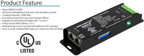 Vista 6 de SIRS-E DMX-CON3-C2 Decodificador LED Controlador RGB de 3 canales, 12-24V DC, 100W, UL Clase 2