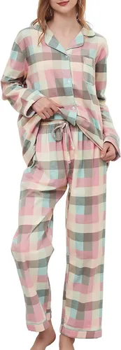 Vista 15 de CHUNG Conjunto de pijama de franela para mujer, tops con botones de algodón cepillado, pantalones S-XL, ropa de dormir, ropa de descanso, acogedora