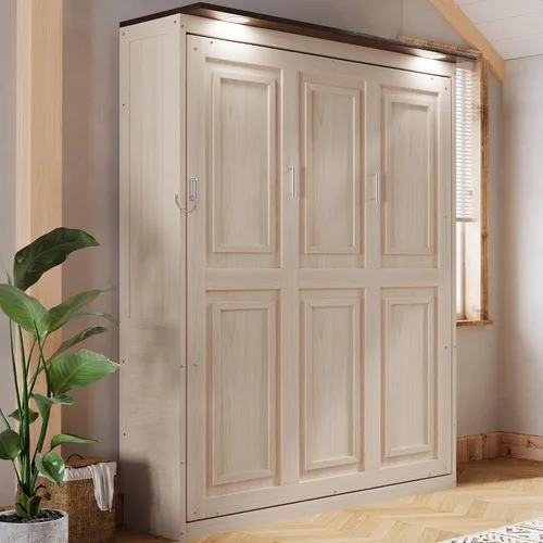 Vista 3 de MERITLINE Cama Queen Murphy con LED, armario de pared vertical de madera maciza para adultos (madera natural)