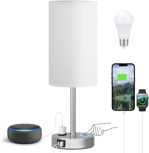 Vista 34 de Fenmzee Juego de lámparas de mesa pequeñas táctiles regulables de 2 a 3 vías, carga USB A + C, salida de CA, base de grano de madera, bombillas