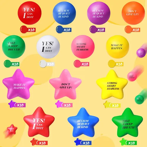 Vista 3 de Jerify 140 bolas de estrés a granel para adultos, espuma colorida, estrella motivacional, bola de estrés, juguete de regalo con citas inspiradoras