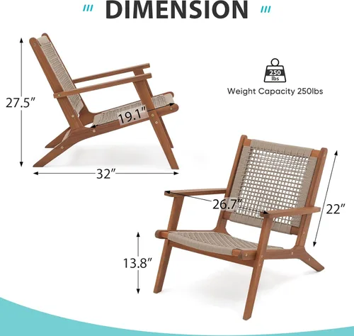 Vista 6 de Verano Garden Juego de 2 sillas de patio, sillón moderno de madera de acacia con cuerda tejida a mano para patio, sala de estar, dormitorio, balcón