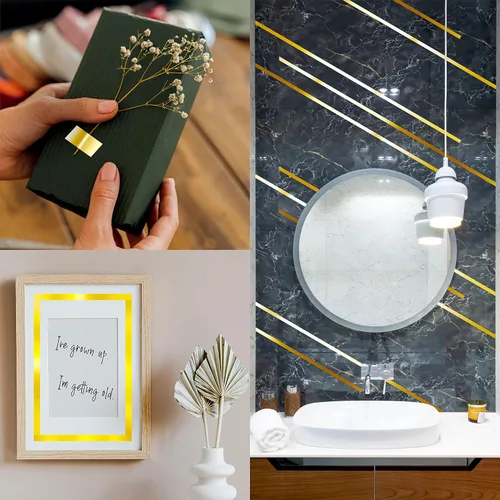 Vista 5 de Cinta metálica dorada de 110 yardas, cinta gráfica brillante resistente al agua y a los desgarros, envoltura de espejo metálico, extraíble sin