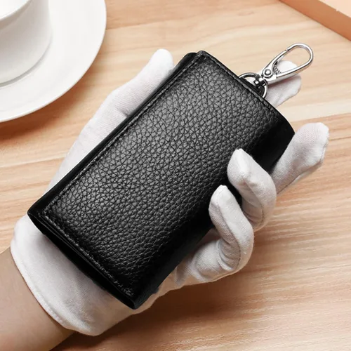Vista 4 de Funda de cuero para llaves de llavero con 6 ganchos de hebilla colgantes, cierre a presión