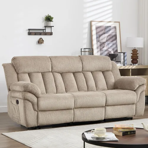 Vista 12 de CANMOV Juego de sofá reclinable, sofá biplaza reclinable manual y sofá de 3 plazas con reposabrazos sobrerelleno para sala de estar, muebles de Gris