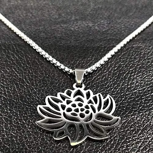 Vista 5 de 2024 Yoga Lotus Stainless Steel Statement Necklace Women Silver Color Necklaces Pendants Jewelry Bisuteria