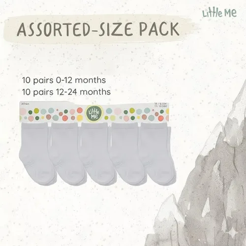 Vista 6 de Little Me Paquete de 20 calcetines unisex para bebés recién nacidos y niños pequeños, 0-12/12-24 meses, paquete de tamaños surtidos, color blanco