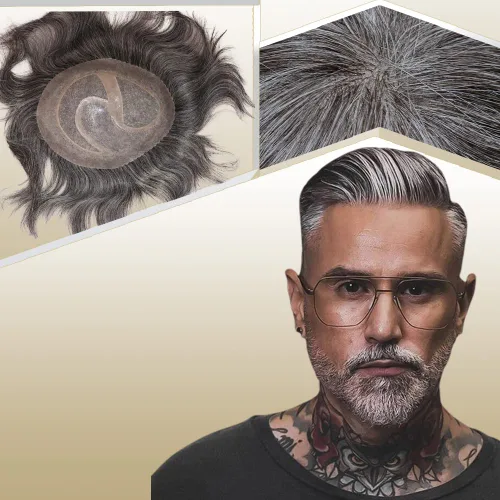 Vista 21 de Toupee para hombres sistemas de reemplazo de cabello humano real europeo para hombres, postizos finos, centro de encaje, piel más gruesa, pieza