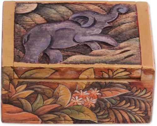 Vista 3 de NOVICA Mini joyero artesanal de madera hecho a mano con temática de elefante de Bali, multicolor, cajas de Indonesia