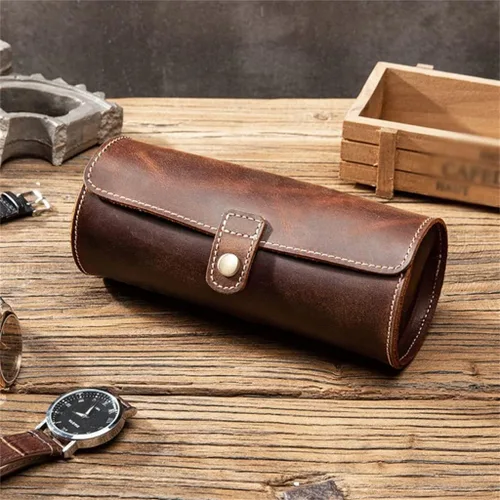 Vista 2 de XWWDP - Reloj suave y arrugado de cuero genuino con bolsillo para joyería organizador de viaje caja enrollable color marrón