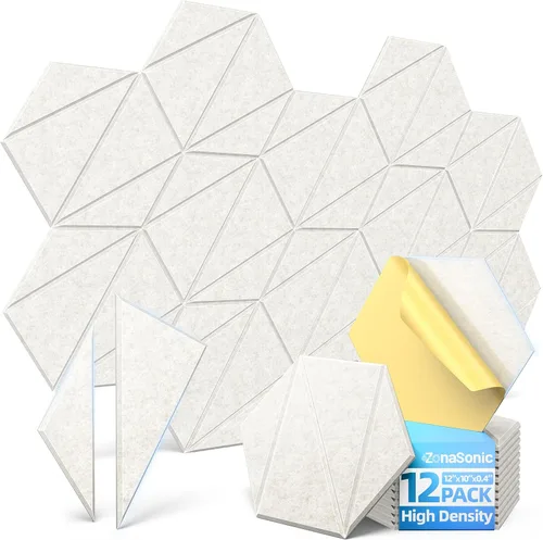 Vista 10 de Paquete de 12 paneles acústicos hexagonales con autoadhesivos, paneles de espuma a prueba de sonido de 12 x 10 x 0.4 pulgadas para paredes, paneles