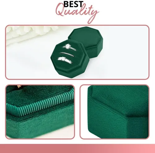 Vista 7 de Caja de terciopelo para anillos de alta calidad para ceremonia de boda con tapa desmontable, elegante y bonita caja para anillos de boda, 3 ranuras