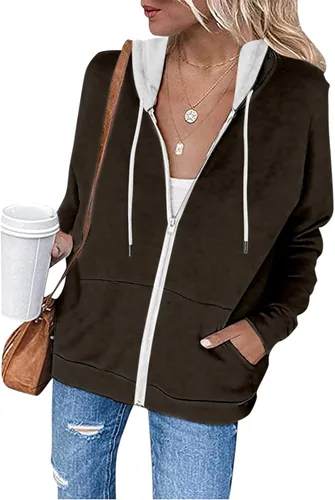 Vista 4 de Sudaderas con capucha y cremallera completa para mujer, manga larga, lisas, con capucha, ajuste holgado, casual, a la moda, para otoño
