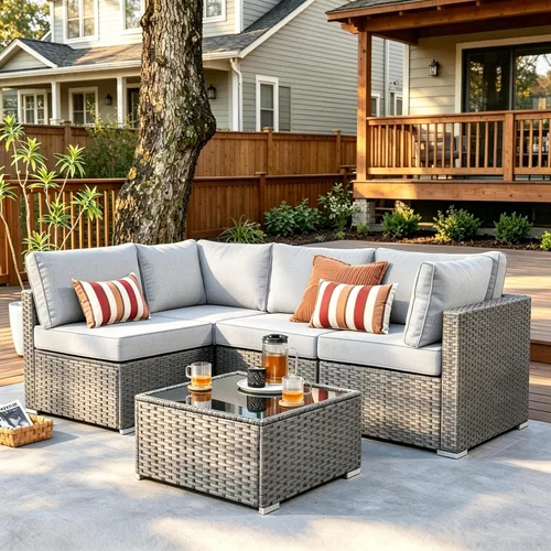 Vista 6 de HOOOWOOO Patio Sectional Furniture Set,2 Piece Couch Set with 2 Matching Armless Chairs(Beige)