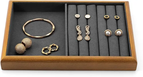 Vista 18 de Oirlv Bandeja Organizadora de Joyas Colgante de Madera Maciza de 12 Rejillas con Forro para Cajón de Joyas (Gris)