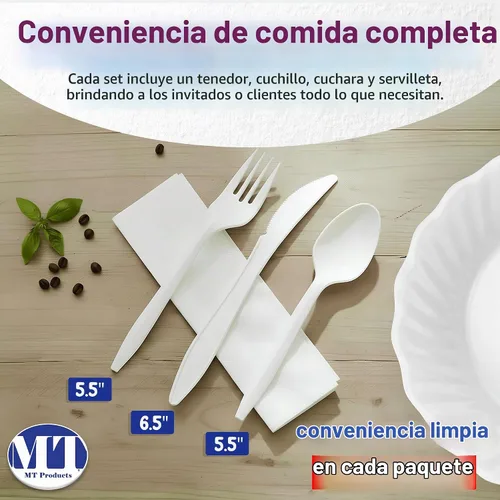 Vista 2 de MT Products Cubiertos envueltos individualmente de plástico, juego de cubiertos desechables, paquete de 50