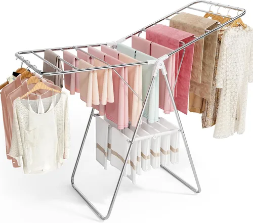 Vista 11 de APEXCHASER Perchero de Ropa, Perchero de Secado de Ropa con Altura Ajustable, Plegable con Alas de Gaviota para Lavandería, Uso
