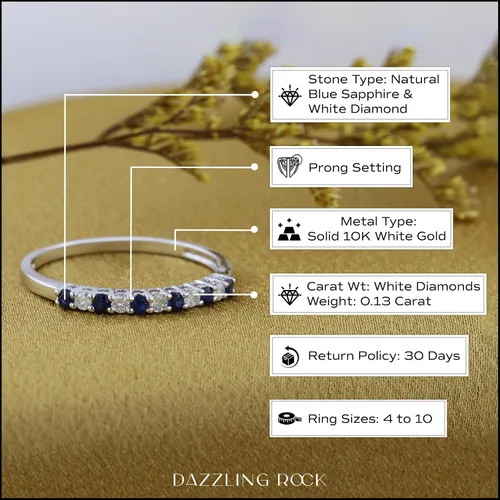 Vista 4 de Dazzlingrock Collection Alianza de boda apilable de zafiro azul y diamante blanco redondo alternativo en oro de 10 quilates