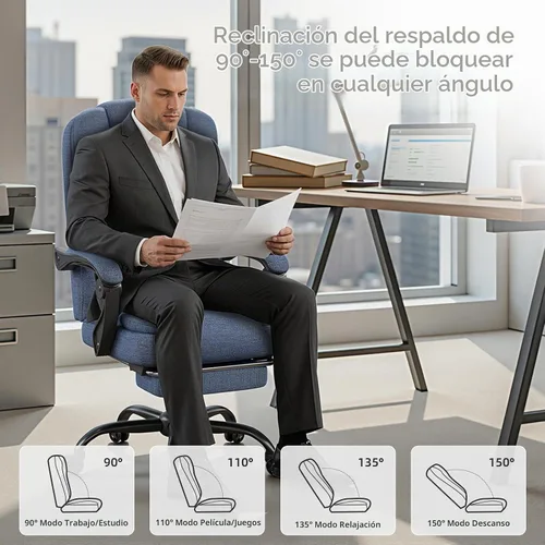 Vista 5 de Silla de juegos con reposapiés, silla de oficina ergonómica reclinable de 90° a 150°, silla de escritorio ajustable con reposabrazos de Tela azul