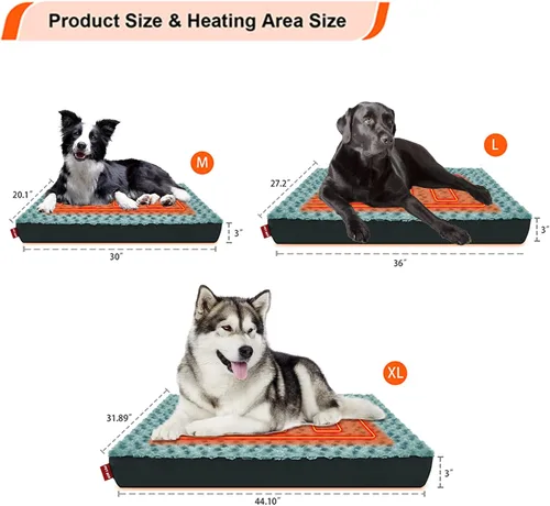 Vista 2 de Cama térmica mejorada para perros con área de calefacción ampliada, cama ortopédica para perros con artritis de voltaje seguro de 12 V con espuma