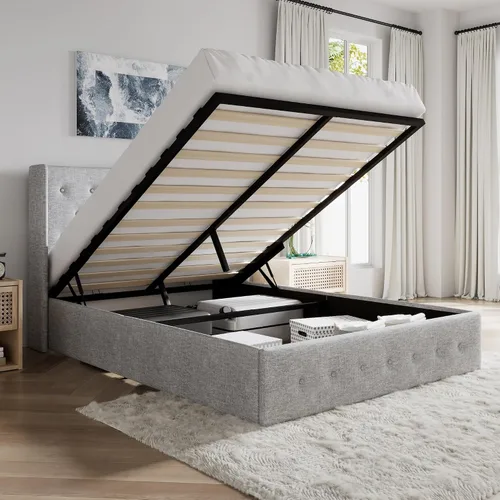Vista 15 de SHA CERLIN Base de cama de tamaño completo con almacenamiento abatible, cabecera abombada con botón acolchado, plataforma tapizada, almacenamiento