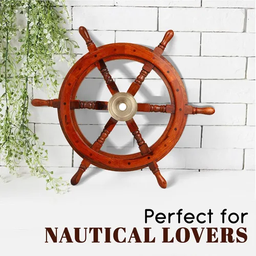 Vista 5 de Bhartiya Handicrafts Rueda de barco náutico para decoración de pared, volante de barco pirata de madera rústica con cubo de latón, rueda de capitán