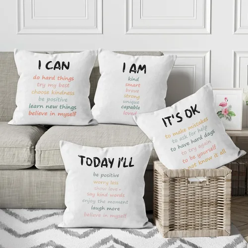 Vista 3 de Juego de 4 fundas de almohada inspiradoras bohemias de 18 x 18 pulgadas, regalos de afirmaciones positivas, coloridas citas motivacionales, fundas