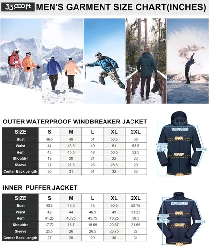 Vista 7 de 33,000ft Chaqueta de esquí impermeable 3 en 1 para hombre, chaqueta de esquí cálida de montaña, chaqueta de lluvia para nieve, abrigo de invierno