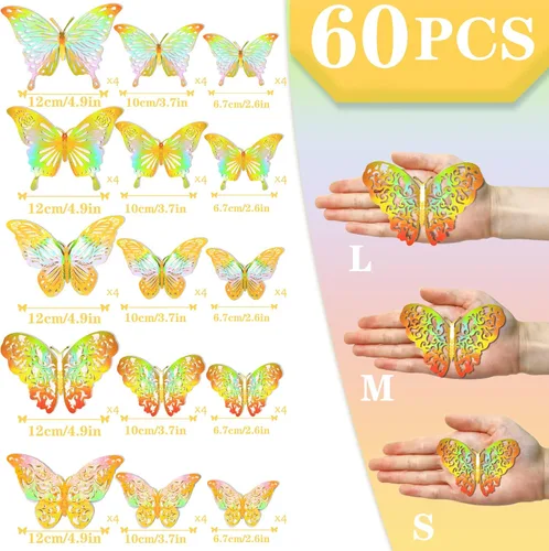 Vista 5 de 60 calcomanías 3D iridiscentes de mariposa dorada para decoración de pared Dorado