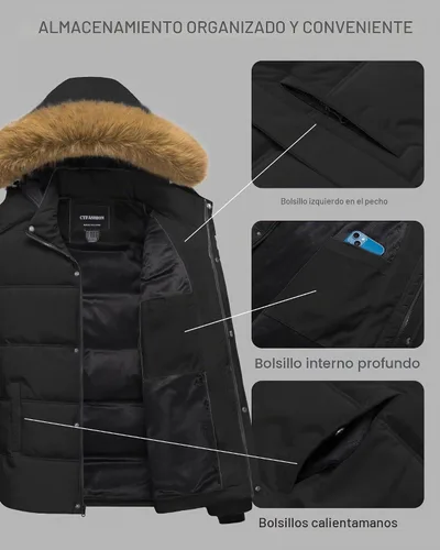 Vista 6 de Chaqueta acolchada para hombre, abrigo de invierno con capucha de piel, impermeable y resistente al viento, forro polar, 4 bolsillos Negro