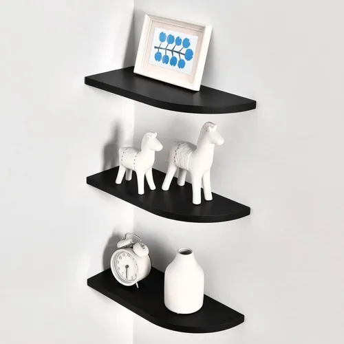 Vista 3 de WELLAND Juego de 3 estantes de esquina flotantes para montaje en pared, para baño, dormitorio, sala de estar, cocina, oficina y más (negro)