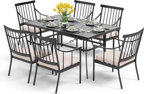 Vista 17 de PHI VILLA Juego de mesa de comedor para patio de 7 piezas con cojín para 6, mesa grande rectangular de metal para exteriores con orificio para Silla