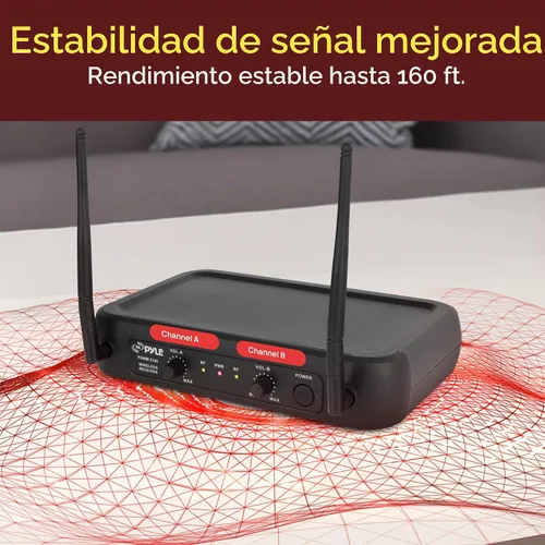 Vista 3 de Pyle PDWM2145 VHF sistema de micrófono inalámbrico, 2 audífonos/micrófonos lavalier, 2 paquetes, frecuencia fija