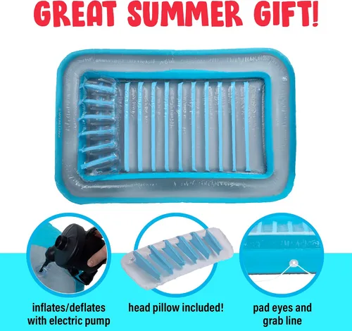 Vista 3 de Flotador inflable azul para tumbona de bronceado – Piscina personal con almohada – 13 años +
