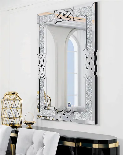 Vista 10 de Espejo de diamante triturado plateado: decoración rectangular de pared 35.4 x 23.6 pulgadas Espejo decorativo de lujo con espejo de cristal
